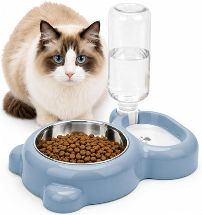 2-In-1 Dog Cat Food and Water Bowl Set with Auto-Water Dispenser, Blue | Anti-Slip & Splash Design, Easy to Clean, Stainless Steel Bowl and Safe PP Material, Suitable for Puppies and Cats1