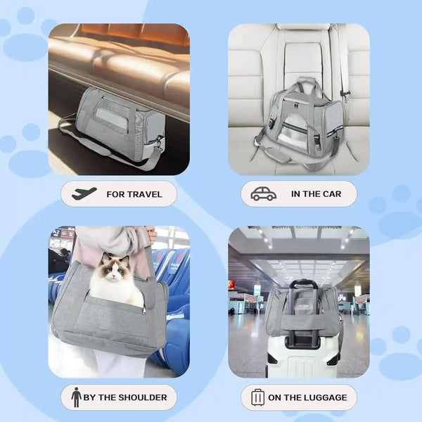 Fluffydream Pet Travel Carrier Soft Sided Portable Bag for Cats, Small Dogs, Kittens or Puppies, Collapsible, Durable, Airline Approved, Travel Friendly (Grey, 17.0" L X 10.0" W X 11.0" H) (Grey)2