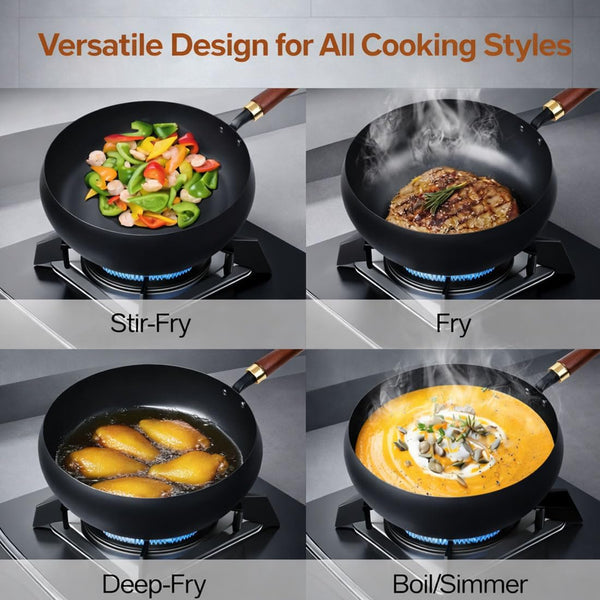 Japanese Cast Iron Wok with Wooden Lid & Spatula, 11 Inch Hand-Hammered Uncoated Iron Pot, Naturally Non-Stick Frying Pan, Heavy Duty Cookware for Induction, Gas & Electric Stoves (Glass Lid, 10.2In)3