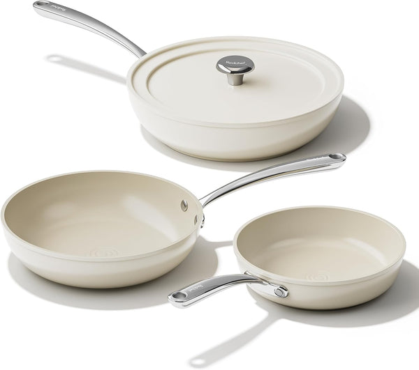 Ceramic Frying Pans, 4-Piece Non Stick Frying Pans, Non Toxic Skillet with Lid, Ceramic Cookware Set, 8" 9.5" 11" Egg Saute Pan, PFAS & PTFE & PFOA Free, Dishwasher & Oven Safe, Beige White1