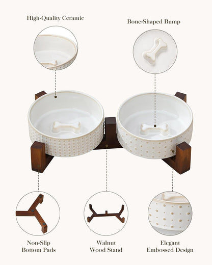 MALACASA Dog Bowl Set, Ceramic Bowls with Walnut Wood Stand, 1.5 Cups | Rhombic and Polka Dot Design, Non-Slip Base, for Cats and Dogs, about 26% Heavier than Similar Ceramic Bowls5