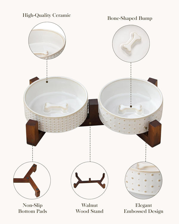 MALACASA Dog Bowl Set, Ceramic Bowls with Walnut Wood Stand, 1.5 Cups | Rhombic and Polka Dot Design, Non-Slip Base, for Cats and Dogs, about 26% Heavier than Similar Ceramic Bowls5