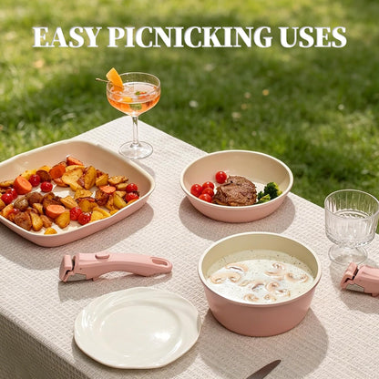 23Pcs Ceramic Cookware Set Non Stick Pots and Pans Set Non Toxic with Detachable Handle Induction Kitchen Cookware Set Space Saving, Oven & Dishwasher Safe, Light Pink7