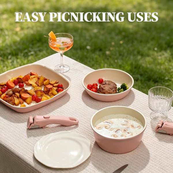 23Pcs Ceramic Cookware Set Non Stick Pots and Pans Set Non Toxic with Detachable Handle Induction Kitchen Cookware Set Space Saving, Oven & Dishwasher Safe, Light Pink7