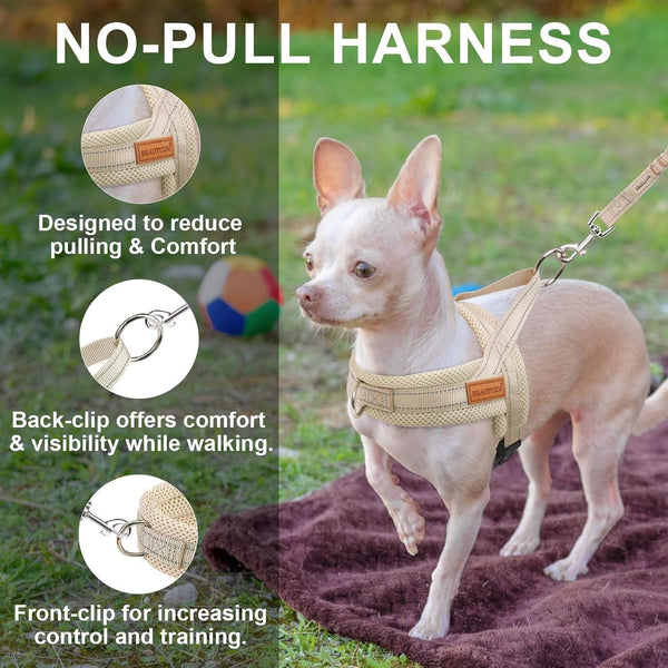 BEAUTYZOO Dog Harness No Pull, Quick Fit Dog Harness and Leash Set, Escape Proof Vest Harness with Soft Handle, Reflective Breathable Mesh Padding Harness for Medium Size Dog Training Walking, Beige M4