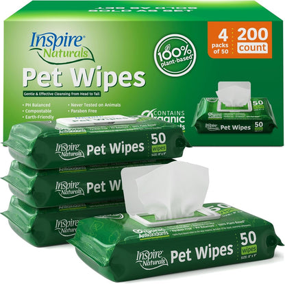 Inspire Naturals Pet Wipes for Dogs and Cats 100% Natural Plant Based with Organic Antioxidants, Dog Wipe Cleaning Deodorizing | Cat Wipes | Puppy Wipes | Dog Wipes for Paws and Butt (200Ct - 4 Pack)1