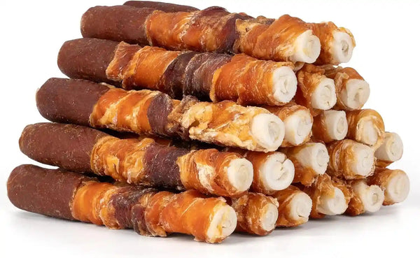 MON2SUN Dog Treats, 6 Inch Triple Flavor Wrapped Rawhide Rolls, 17.6 Oz | 10 Count Pack, Chicken Liver, Duck and Chicken Recipe, Teeth Cleaning Chews, Sized for Medium Dogs11