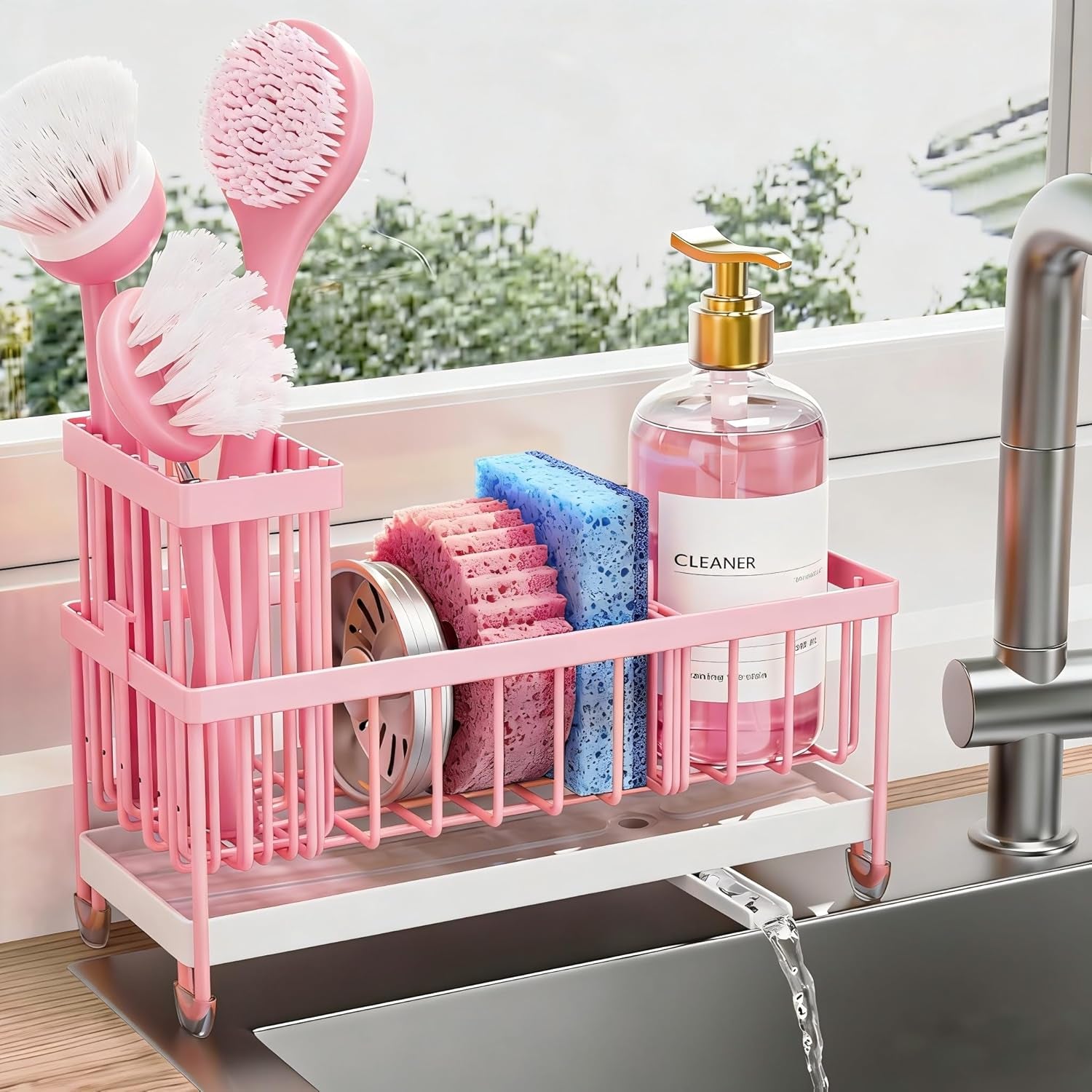 sponge-holder-for-kitchen-sink-sink-caddy-organizer-with-high-brush-holder-kitchen-countertop-organizers-and-storage-essentials-rustproof-304-stainless-steel-pink-9-25