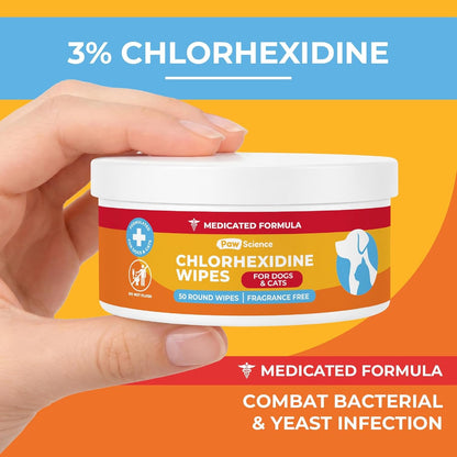 Paw Science 3% Chlorhexidine Wipes for Dogs and Cats - Cleansing Antiseptic, Antibacterial, Antifungal Wipes with Aloe for Skin Infections, Itchy Yeast Paws, Cat Acne2