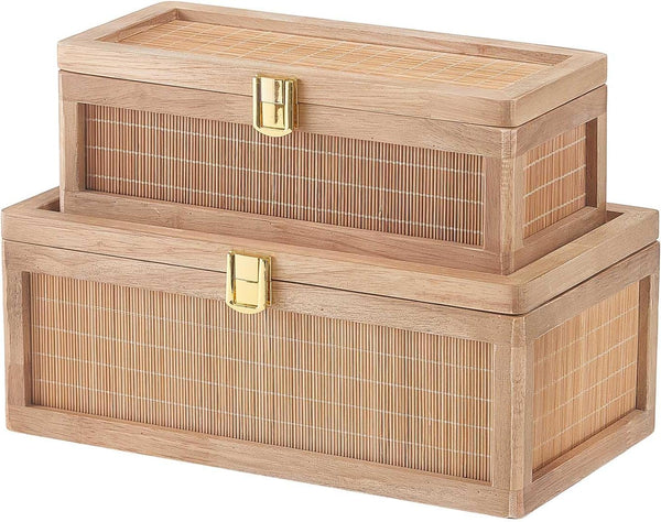 Natural Bamboo Decorative Box with Lids, Unique Decorative Boxes Set of 2, Boho Wedding Keepsake Box, Memory Box with Lid for Crafts, Trinkets and Photo Storage1