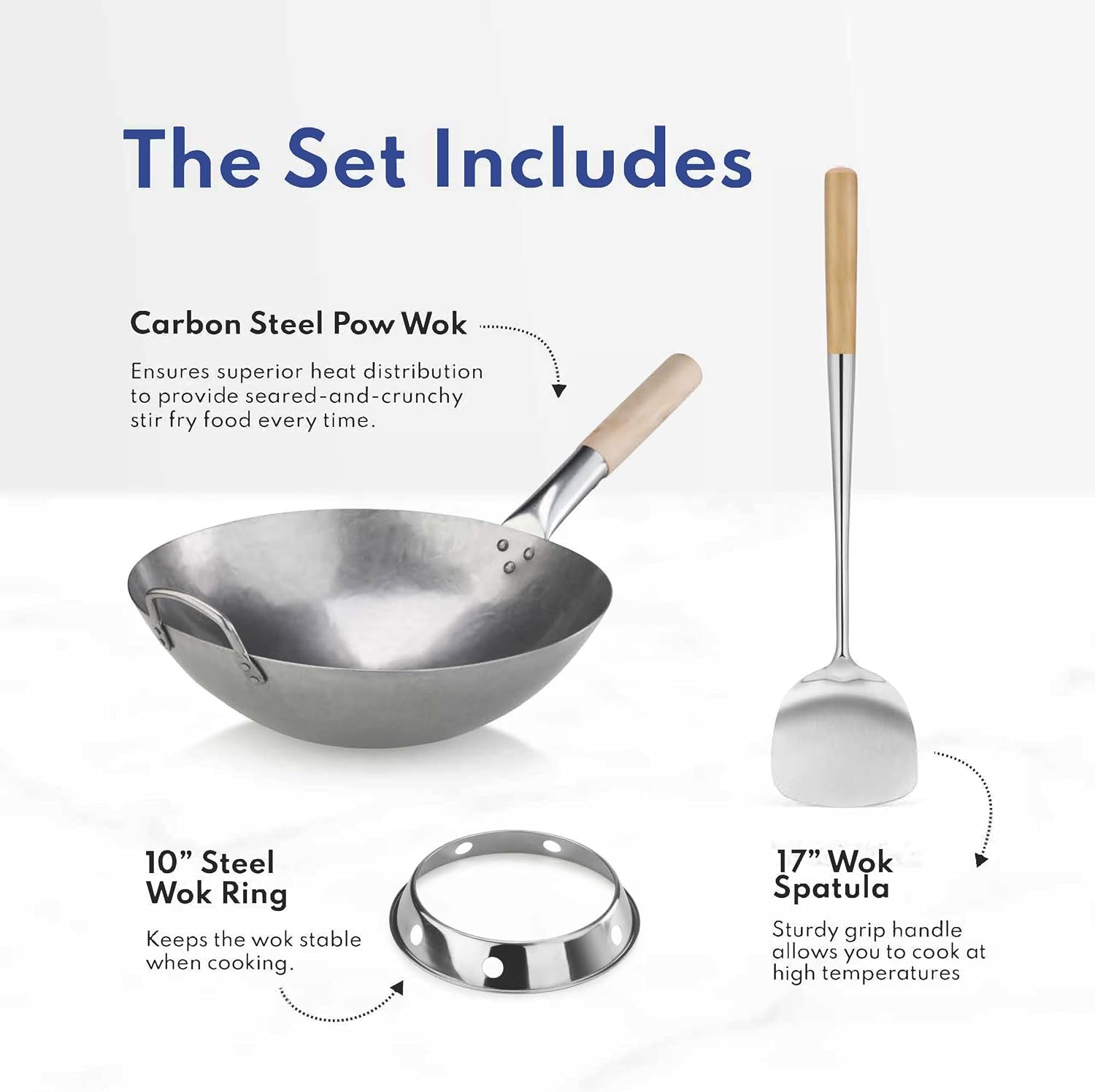 carbon-steel-wok-set-14-round-bottom-hand-hammered-with-wood-and-steel-helper-handle-includes-rack-ring-and-spatula-hand-wash-recommended