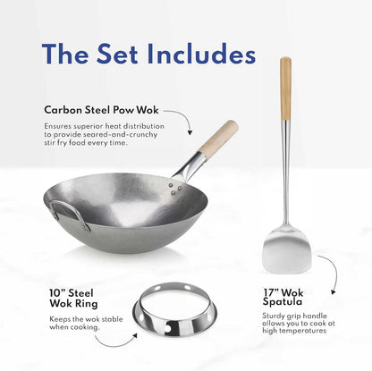 Carbon Steel Wok Set - 14" round Bottom, Hand Hammered with Wood and Steel Helper Handle, Includes Rack/Ring and Spatula (Hand Wash Recommended)2
