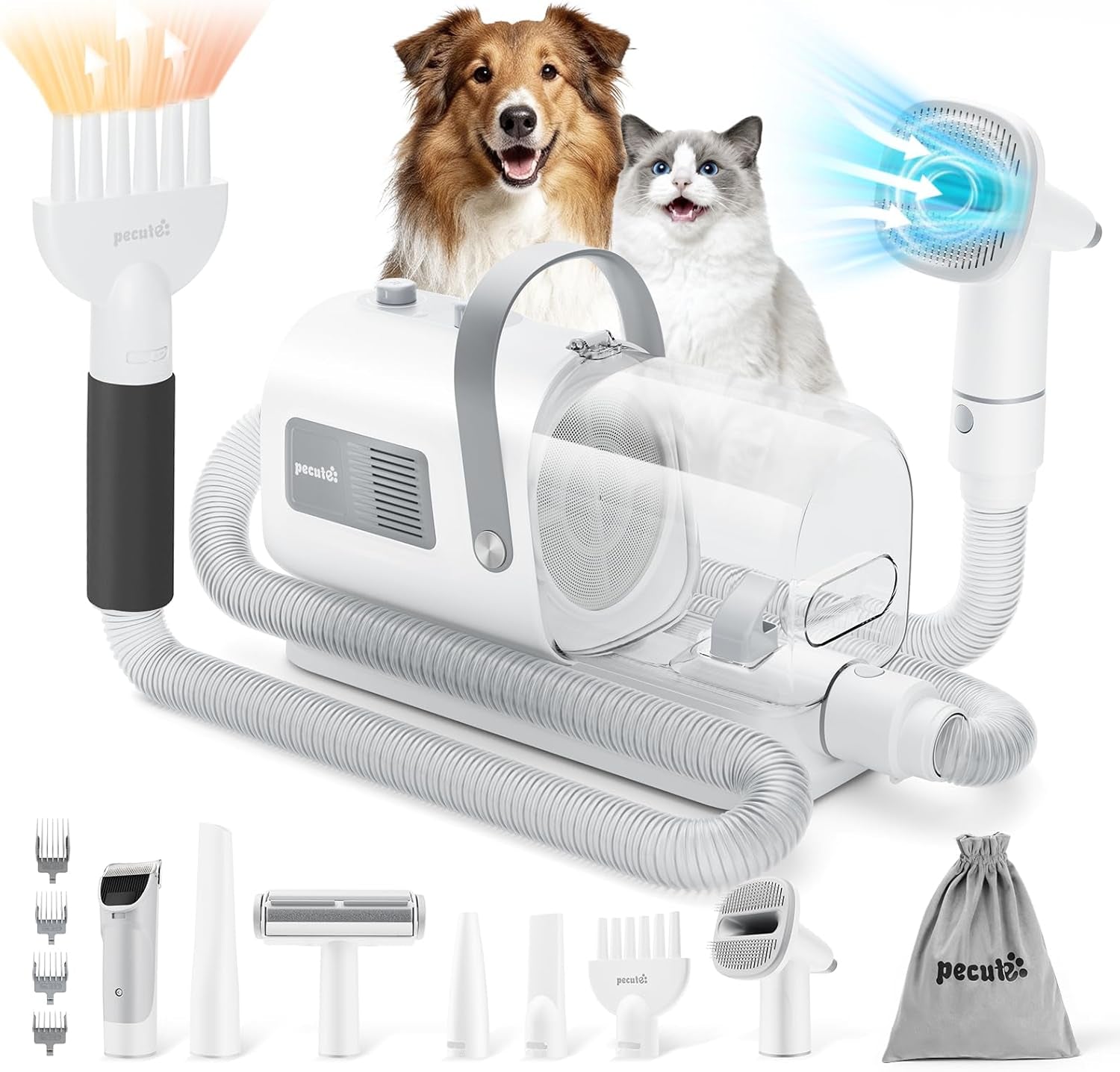pecute-7-in-1-dog-grooming-vacuum-dryer-for-heavy-shedding-10000pa-suction-adj-suction-temp-home-salon-use-55db-low-noise-1-7l-dust-cup-reduces-flying-hair-easy-cleanup
