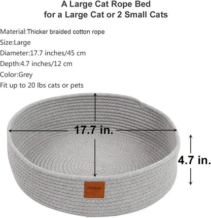 Large Cat Bed Basket round Cotton Rope Woven - Calming Rope Bed Sleep Surface 17.7 Inches(45 Cm),Cozy Scratching Indoor Pet Bed for a Large Cat or 2 Small Cats,Fit up to 20 Lbs Pets,Washable,Grey2