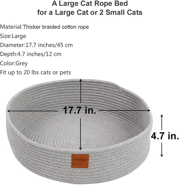 Large Cat Bed Basket round Cotton Rope Woven - Calming Rope Bed Sleep Surface 17.7 Inches(45 Cm),Cozy Scratching Indoor Pet Bed for a Large Cat or 2 Small Cats,Fit up to 20 Lbs Pets,Washable,Grey2