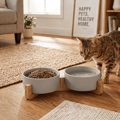 SPUNKYJUNKY Ceramic Dog and Cat Bowl with Wood Stand Non-Slip Matte Glaze Weighted Food Water Set for Cats &Small Dogs 13.5OZ7