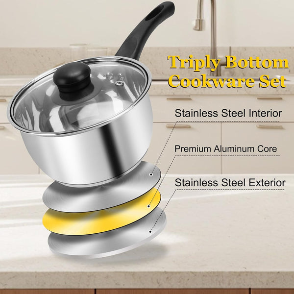 3Pcs Stainless Steel Saucepan Set, Kitchen 1QT & 2QT & 3QT Pot Set with Lid Triply Base Sauce Pot for Cooking Stainless Steel Cookware Set3