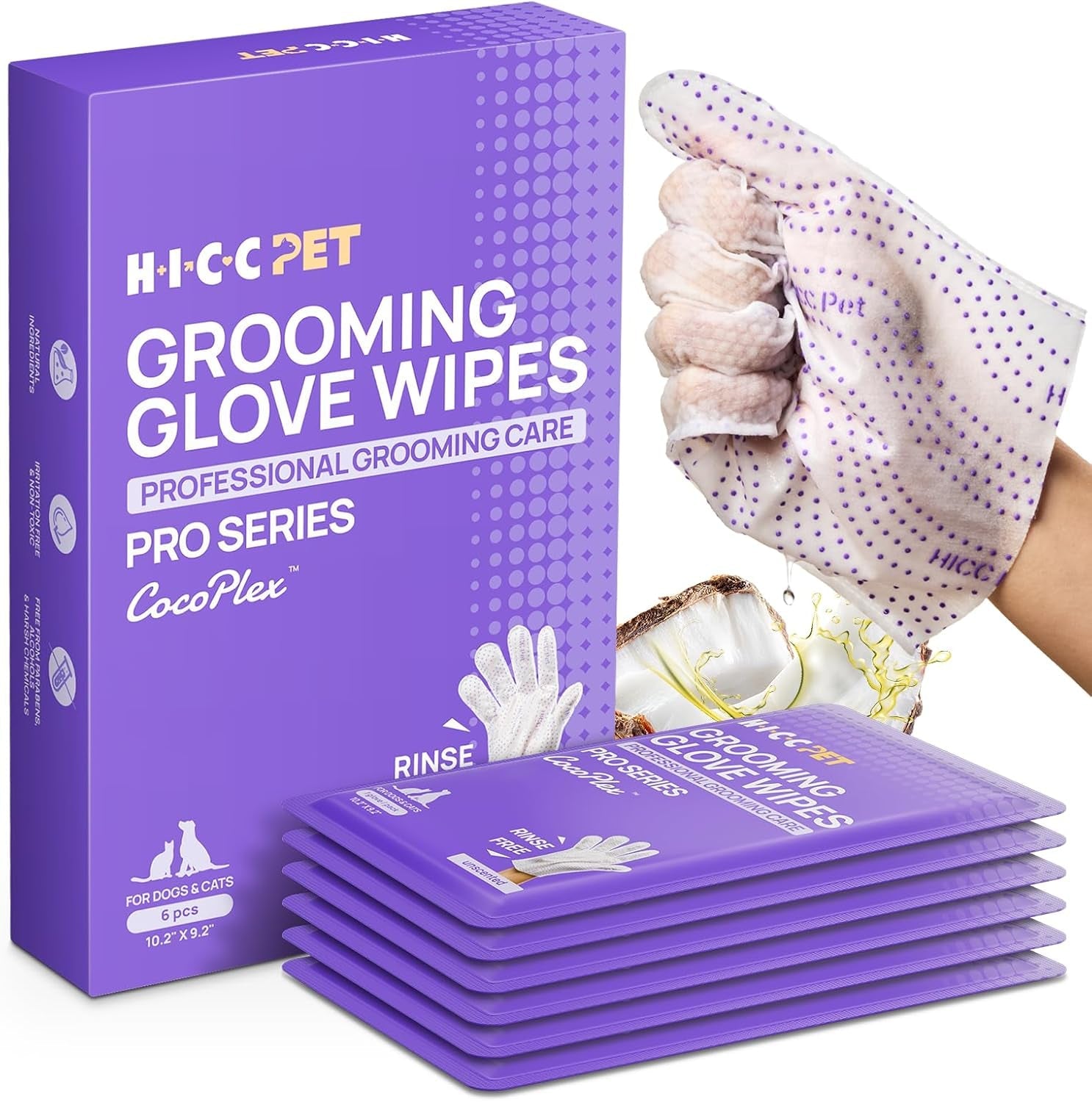 hicc-pet-cleaning-glove-wipes-pro-for-dogs-cats-20pcs-coconut-scent-puppy-wipes-no-rinse-pet-grooming-wipes-extra-thick-dual-textured-wipes-for-paws-face-coat-outer-ear-rear-end-area