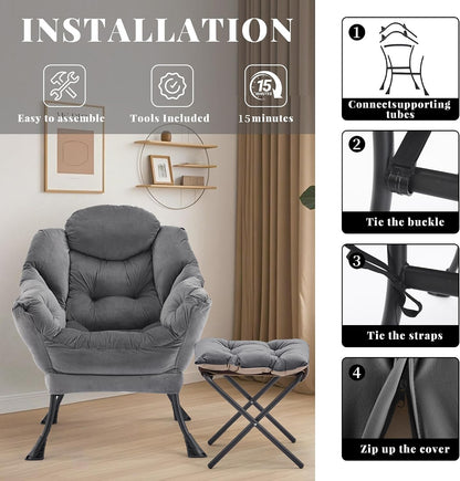 Lazy Chair with Ottoman, Comfy Reading Chair, Darkgrey | Cushioned Seat with Foldable Ottoman and Side Pocket, Lounge Chair for Bedroom, Living Room, Dorm and Small Spaces8