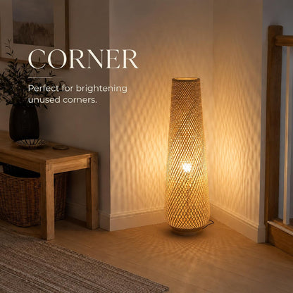 Boho Style Bamboo Woven Floor Lamp for Living Room,36 In,Cozy Decor | Handcrafted Wicker Shade,Unique Shadow Pattern,No Assembly Required,3000K Warm Ambient Lighting,Suit for Bedroom Corner6