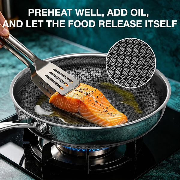 Non Stick Frying Pans Set, 8, 10 and 12-Inch with Lids, Hybrid Fajita Pans Nonstick for Cooking, Stainless Steel Pan Skillets, Dishwasher & Oven-Safe, Induction Ready Cooking Pan, PFOA Free Cookware5