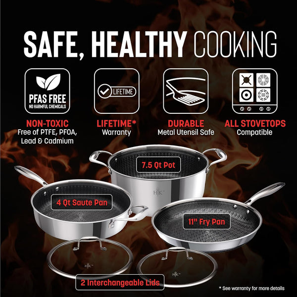 Hell’S Kitchen 5-Piece Hybrid Cookware Set, Tri-Clad Stainless Steel & Pfas-Free Ceramic Nonstick, No PFOA, No PTFE, No Teflon, Non Toxic Cookware, Metal Utensil Safe, All Cooktops & Oven Safe | Tri Clad Stainless Steel, PFAS Free Ceramic Nonstick, No PFOA or PTFE, Metal Utensil Safe, All Cooktops, Oven Safe2