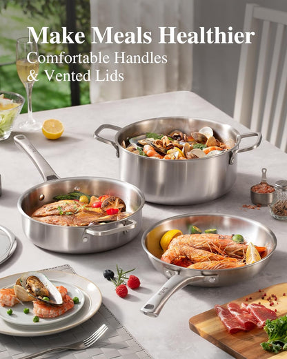 Stainless Steel Cookware Set,Tir-Ply Pots and Pans Set,10 Pcs Stainless Steel Induction Kitchen Cookware Sets,Pfoa Free, Frying Pans, Butter Warmer,Saute Pan & Stock Pot,Compatible with All Cooktops5