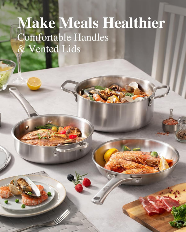 Stainless Steel Pan, 12 Inch with Lid Stainless Steel Frying Pan, Non Toxic Tri-Ply Skillet, PFOA&PTFE Free, Oven and Dishwasher Safe, Induction Compatible6