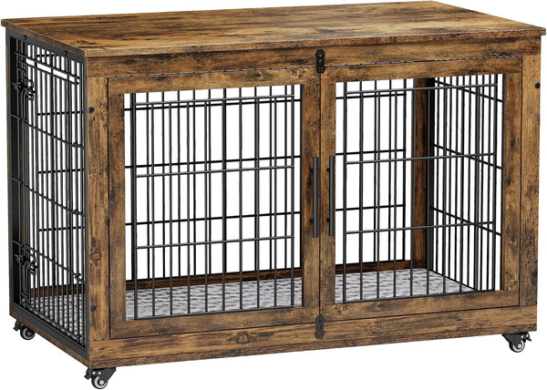 Medium Dog Crate Furniture, 32'' Heavy Duty Kennel W/Cushion & Wheels | Grey, Double Doors, Wooden Dog Cage, Chew-Resistant, End Table, Decorative, 27"/32"/38"/44" Options, Indoor13