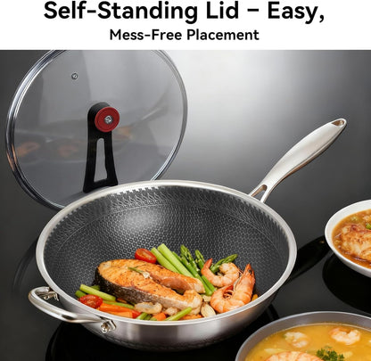Wok Pan,Honeycomb Stainless Steel Wok Pan with Lid, 13.3 Inch Hybrid Nonstick Stir Fry Pan Flat Bottom, Induction Compatible, Dishwasher Safe, No Seasoning Needed (Serves 3-4)8