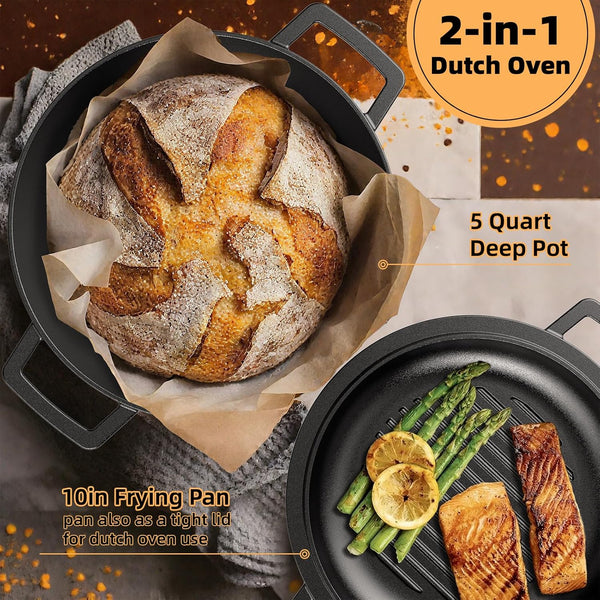 Cast Iron Dutch Oven Pot with Skillet Lid – Pre-Seasoned – Skillet Lid Cooking Pan– Pfas-Free – Cast Iron Skillet Cookware for Bread, Frying, Baking – Dual Handles – Oven, Grill, Campfire & Stovetop Safe – Durable & Non-Toxic, 5QT5