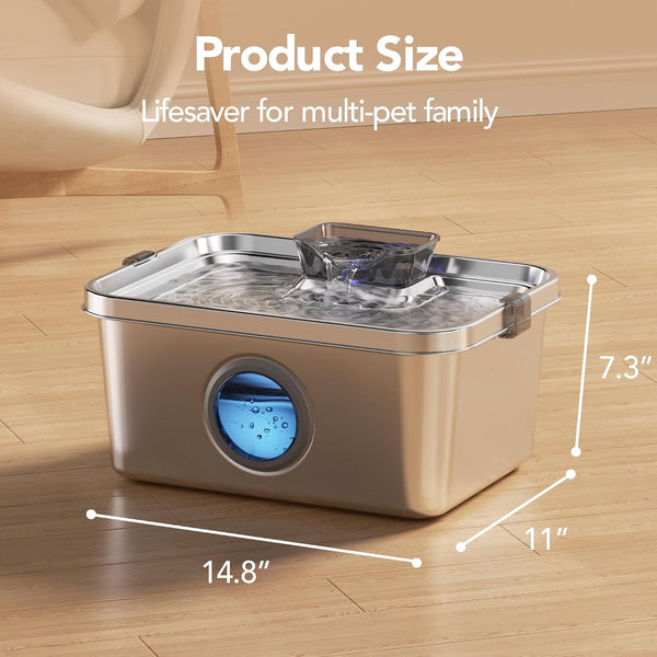 PETIMI Dog Water Fountain, 3 Gallons Stainless Steel Dog & Cat Water Fountain, Large Pet Water Fountain for Multiple Pets, Ultra Silent, Wide Mouth, Safety Lock, 3 Filters Included, Smart Water Pump9