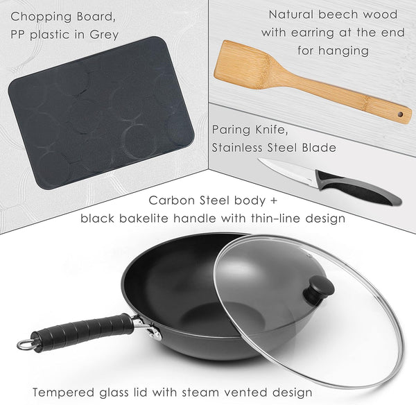 5 Pcs Carbon Wok Set, Carbon Steel Wok Pan 12 Inch Woks and Stir Fry Pans, Chinese Wok for Electric, Induction & Gas Stove with Glass Lid, Wok Spatula, Chopping Board & Paring Knife3