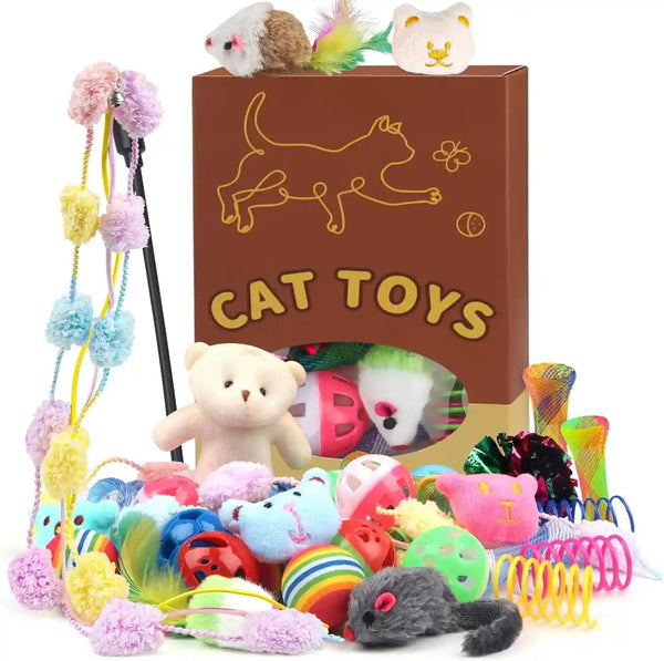 QUOZUO 30 Pcs Cat Toy Kitten Toys Set, Interactive Cat Toy Wand Cat Springs Ball Toy with Bells, Cat Toys for Bored Indoor Cats, Gift Box Styles1
