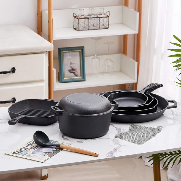 8 Piece Cast Iron Cookware Set - Pre-Seasoned Pots and Pans Set with Cast Iron Skillets, Grill Pan, Dutch Oven, Pizza Pan, and Scrubber - Heavy Duty Cooking for Home Kitchen or Camping4