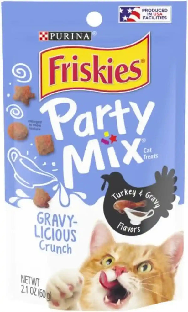Friskies Party Mix, Gravy-Licious Crunch, Chicken and Gravy Flavored Treats for Cats, Resealable Pouch, 2.1 Ounce Each (Pack of 2)1