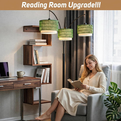 3-Light Arc Rattan Floor Lamp for Living Room,80'' Boho Tree Lamp | Heavy Natural Marble Base, 1/2/3-Light Rotary Switch,Double-Layer Green Wicker/Fabric Shades for Coastal Style,8 Ft+ Ceilings9