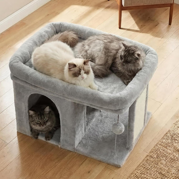Heybly Cat Tree, 14" Cat Tower with Large Cat Bed & Condo HCT203SW | Cat Furniture for Indoor Cats Large Adult, Cat House with Scratching Posts and Spring Balls for Kittens, Light Gray8