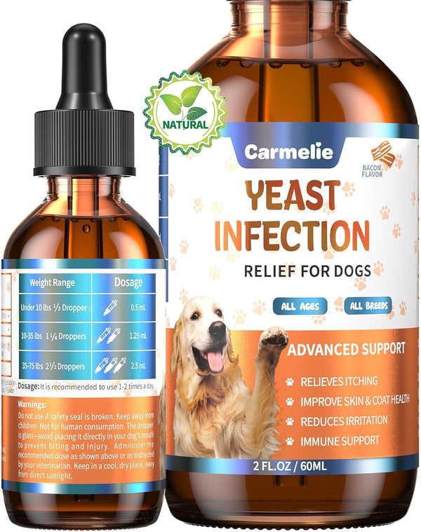 Carmelie Natural Yeast Relief for Dogs, Support Healthy Itch Relief, Ear Paw Discomfort Care, Itch Relief for Dog, Allergy Supports, Inflammation Relief for Dogs, 60Ml Bacon Flavor1