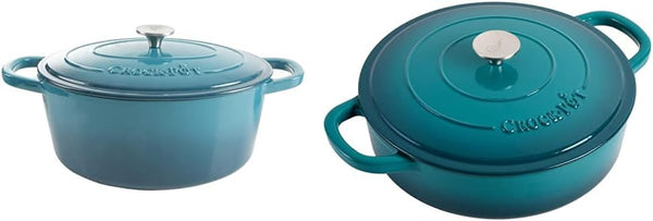 Artisan Oval Enameled Cast Iron Dutch Oven and Braiser Bundle, 7-Quart and 5-Quart, Teal Ombre1