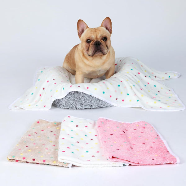 1 Pack 3 Blankets Super Soft Cute Dot Pattern Pet Blanket Flannel Throw for Dog Puppy Cat Beige/Brown/Pink Small6