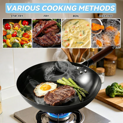 12-Inch/13-Inch Carbon Steel Wok Pan with Glass Lid Pre-Seasoned Flat Bottom Woks & Stir-Fry Pans Nonstick Compatible with Induction, Gas, Electric, Open Fire for Grill Camping5