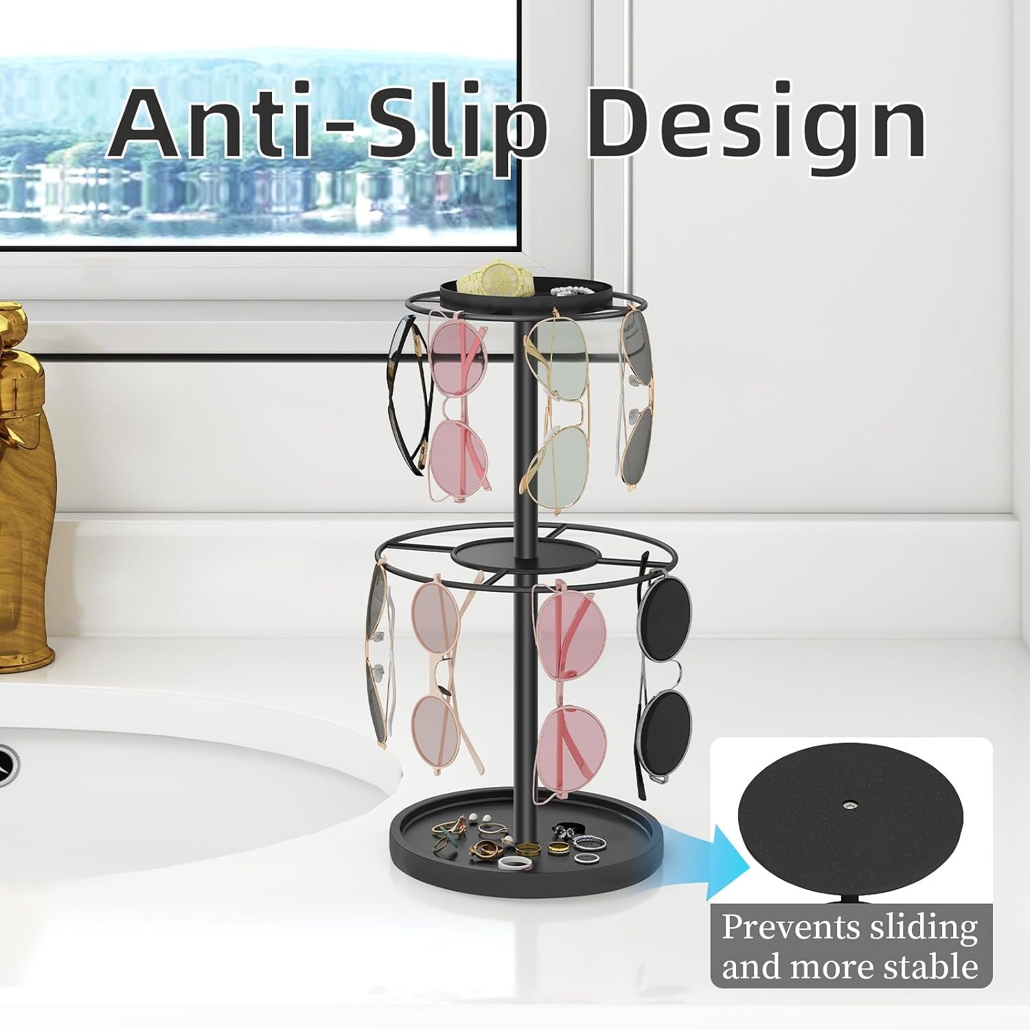 2-tier-sunglass-organizer-metal-glasses-stand-with-storage-tray-black-sunglass-holder-with-non-slip-pad-for-tabletop-desk-dresser-hanging-up-to-9-pairs-sunlasses-reading-glasses