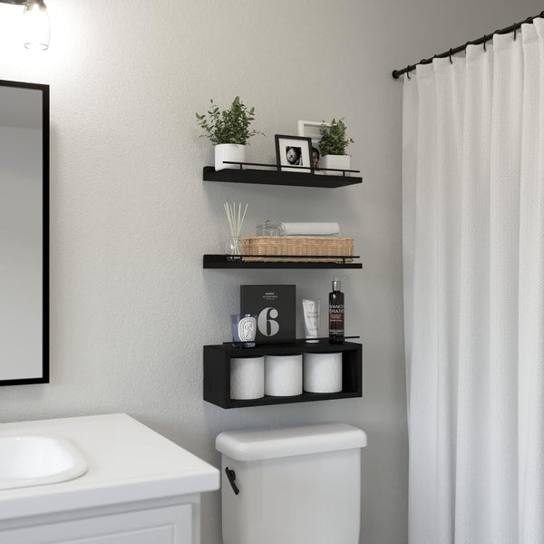 Floating Shelves for Wall with Cube Shelf, Wall Shelves with Metal Rail for Bathroom Decor, Bathroom Organizers and Storage, over Toilet Shelves for Toilet Paper-Black2
