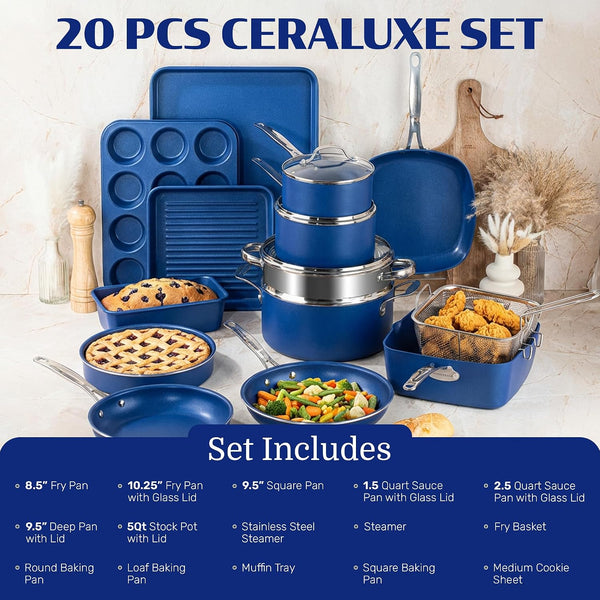 Ceraluxe 20Pc Pots and Pans Set Non Stick Ceramic Cookware Set | Deep Frying Pan & Bakeware Set Included, Non Toxic PFOA/PFOS/PTFE Free, Cool Touch Handles, Oven & Dishwasher Safe2
