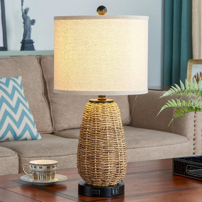 Touch Control Rattan Table Lamp, 3 Way Dimmable Bedside Lamp for Bedroom with 2 USB Ports and AC Outlet, Nightstand Lamps for Living Room(Led Bulbs Included), Grass-1Pk6