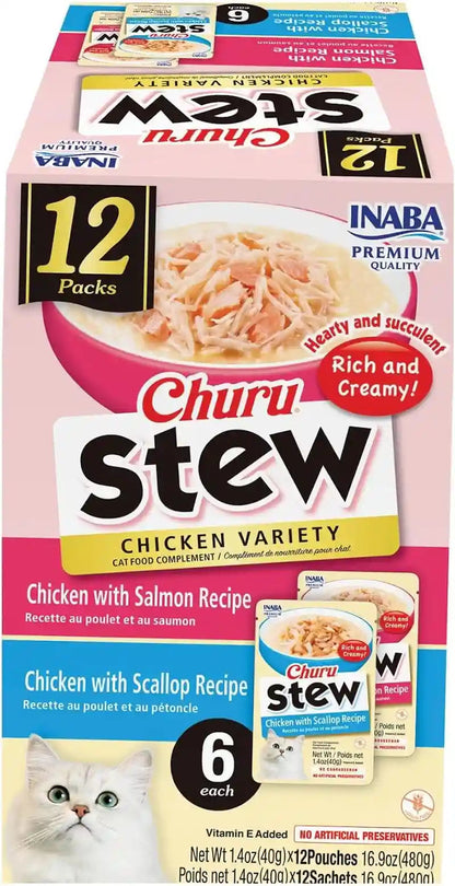 INABA Churu Stew for Cats, Side Dish Pouch with Vitamin E, 1.4 Ounces per Pouch, 12 Pouches, Chicken & Seafood Variety10