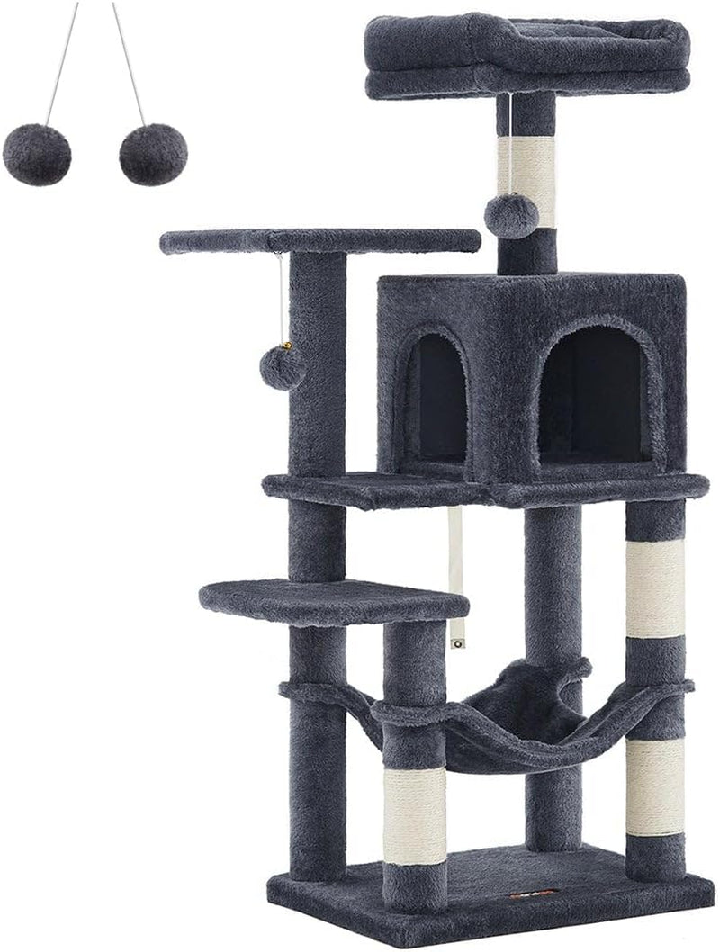 feandrea-cat-tree-59-5-inch-tall-cat-tower-plush-multi-level-condo-with-5-scratching-posts-2-perches-2-caves-hammock-2-pompoms-light-gray-upct192w01