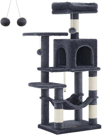 Feandrea Cat Tree, 59.5-Inch Tall Cat Tower, Plush Multi-Level Condo with 5 Scratching Posts, 2 Perches, 2 Caves, Hammock, 2 Pompoms, Light Gray UPCT192W0113