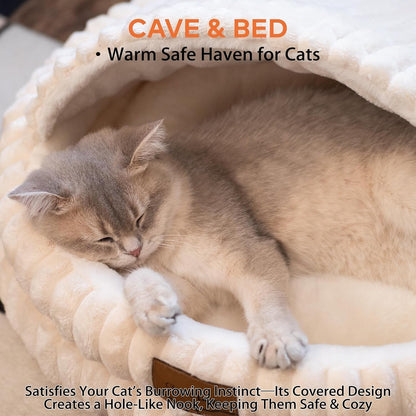 CHEERPALS Cat Cave Bed for Indoor Cats, Washable Covered Cat Bed Hooded Kitty Bed Soft Fluffy Pet Bed for Puppy and Small Dog(White)2